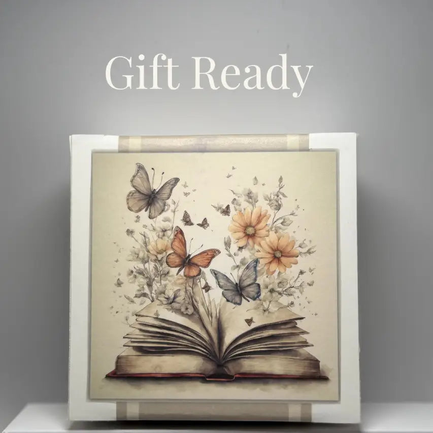 box with image of an open book with butterflies and flowers. Text says Gift Ready