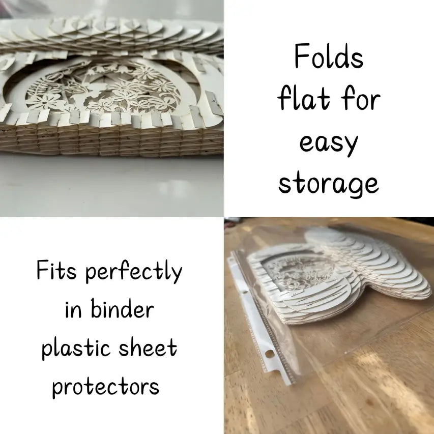 images of lantern laying flat with text folds flat for easy storage in binder sheets.