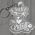 Acrylic keychain with 'I love my Pitbull' text and dog illustration on a wooden background
