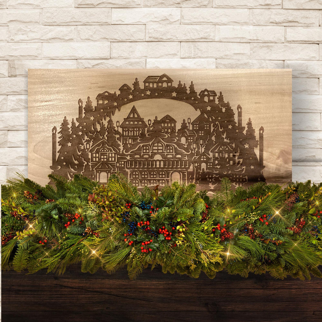 Engraved Christmas Scene Wood Sign | Rustic Holiday Wall Décor