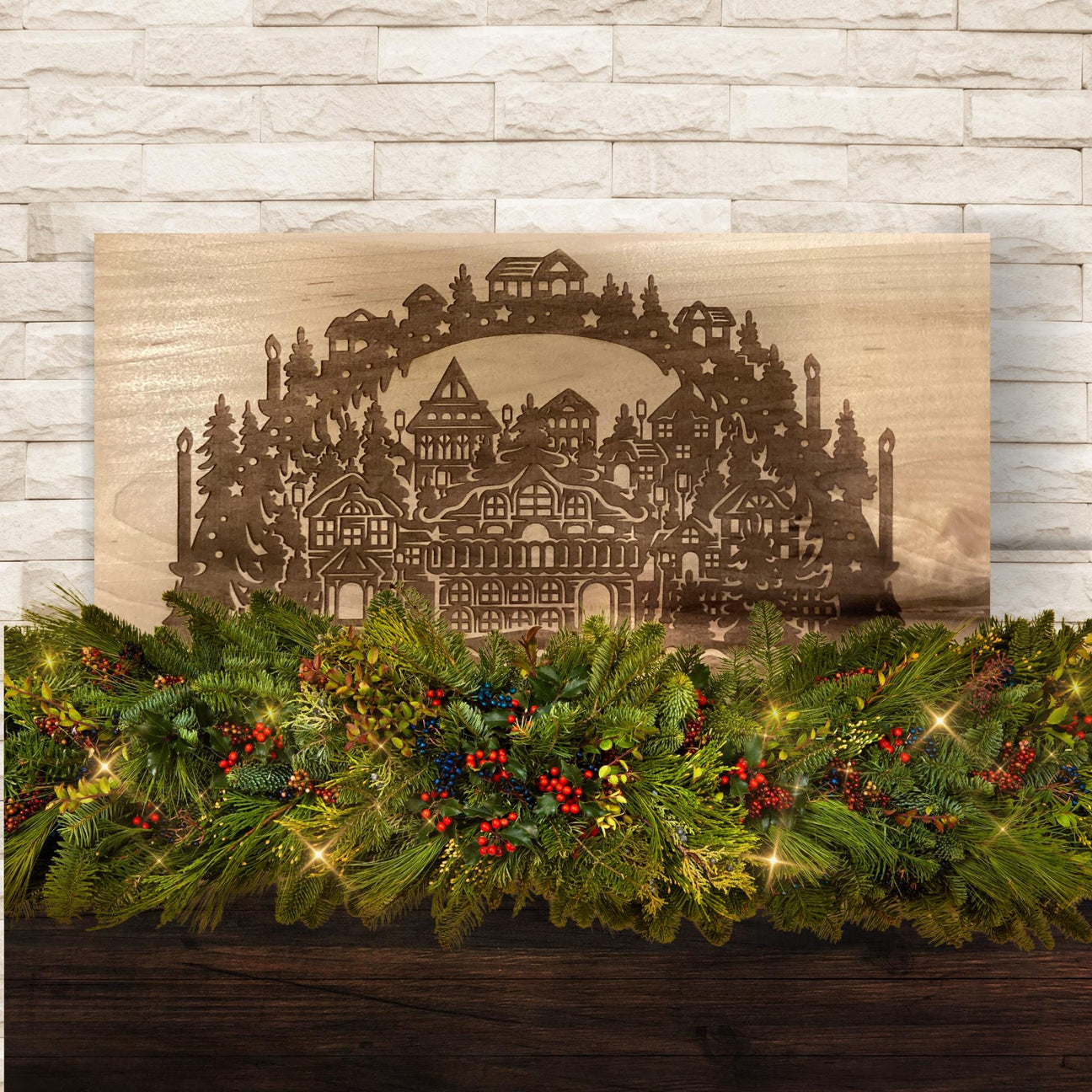 Engraved Christmas Scene Wood Sign | Rustic Holiday Wall Décor
