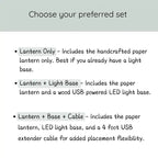 Text description of paper lantern options of lantern only, lantern plus light base, and lantern plus base plus cable on a white background.